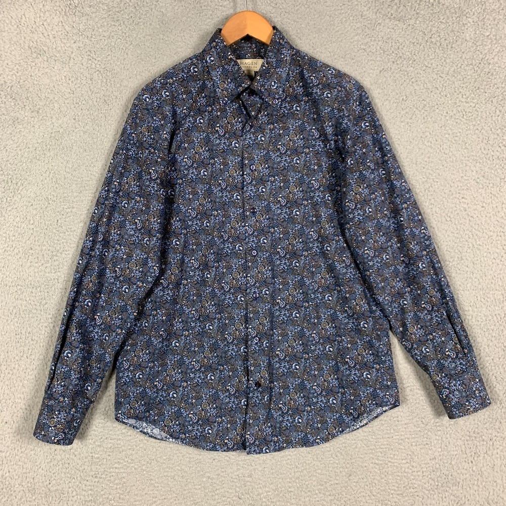 Hagen Carmel Sport Shirt Men's Large L Navy Multi Floral Paisley Long Sleeve